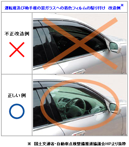 運転席及び助手席の窓ガラスへの着色フィルムの貼り付け　不正改造例